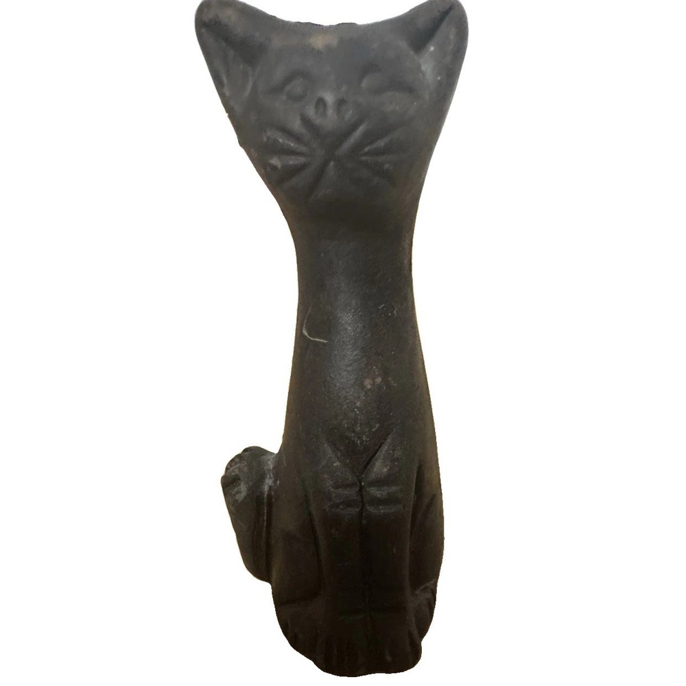 Vintage Black Cat Figurine Sitting Proper Curled Tail Pottery MCM Long Neck